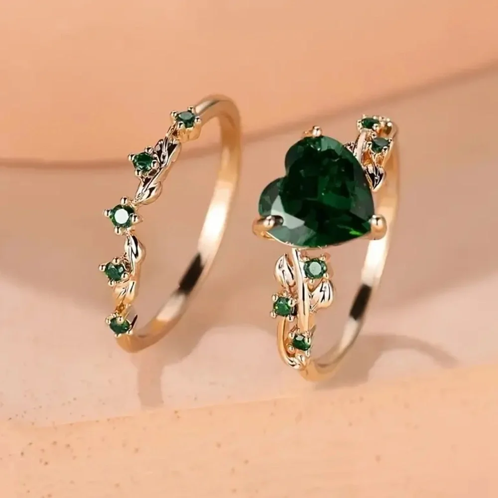 Gold Colored 2pcs Ring with Green Heart-Shaped Synthetic Zirconia- NIP - Picture 1 of 7